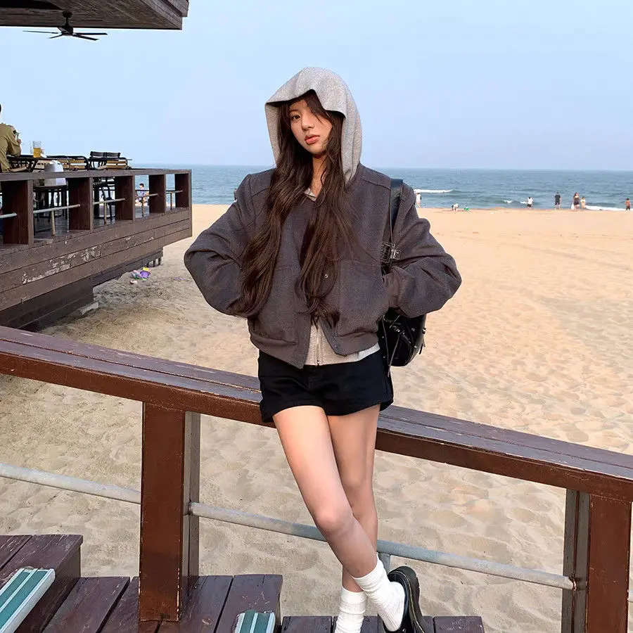 

Женские стеганые куртки из французского овечьего волоса цвета хаки для девочек плюс вельветовые лоскутные куртки в стиле Харадзюку, модные трендовые, уменьшающие возраст девичьи