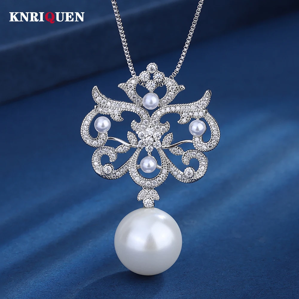 

2023 New Luxury 16mm White Big Pearl Pendant Necklace for Women High Carbon Diamonds Party Fine Jewelry Female Anniversary Gifts