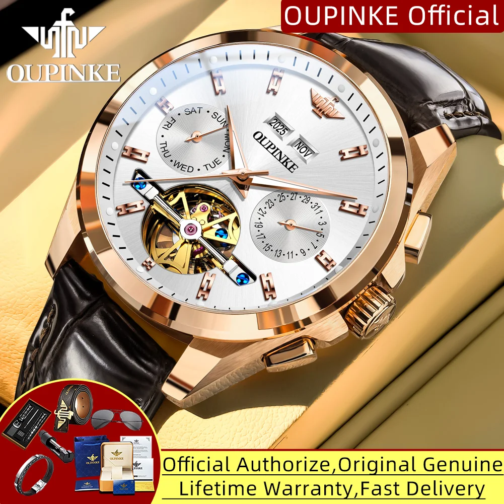 

OUPINKE 3291, мужские часы, модный ремешок из натуральной кожи, полый маховик, многофункциональные оригинальные автоматические механические часы для мужчин