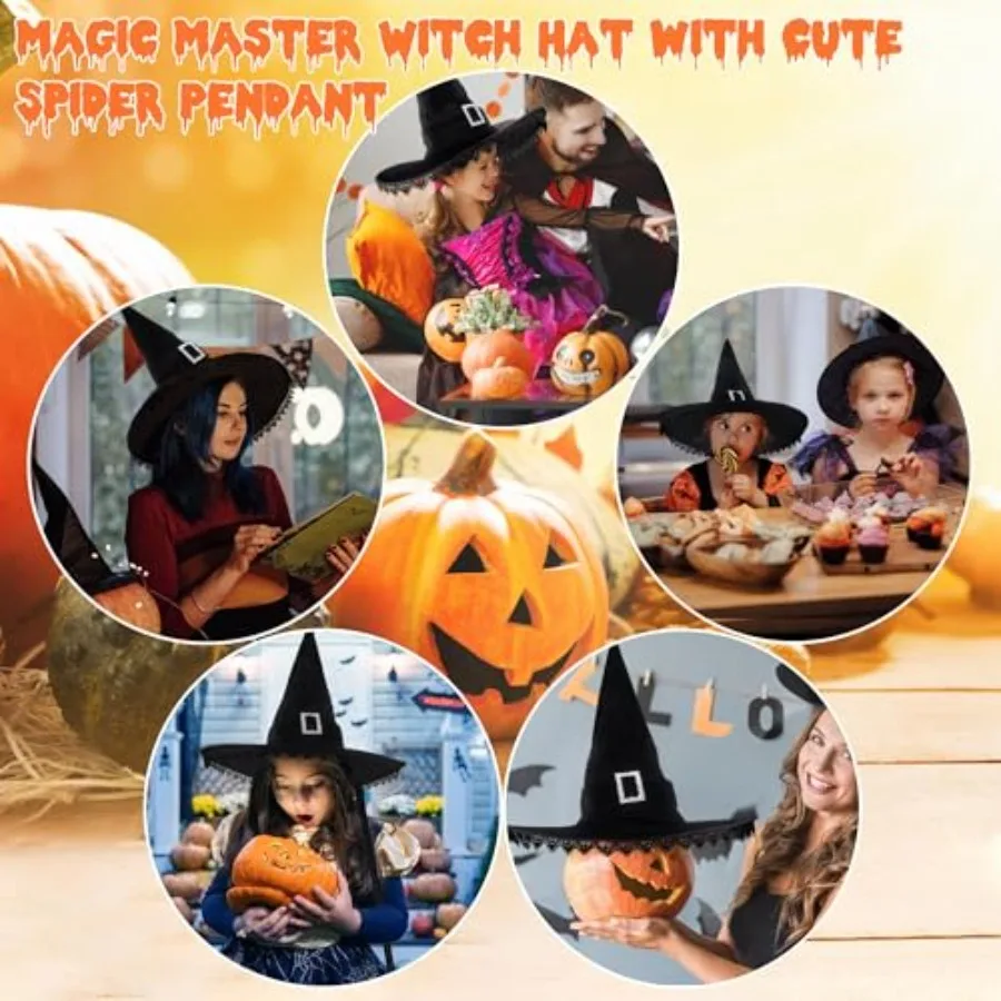 قبعة الساحرة للهالوين إكسسوارات أزياء نسائية سوداء مع هامش من الدانتيل لديكور حفلات Hocus Pocus موضوع مخيف Wearab