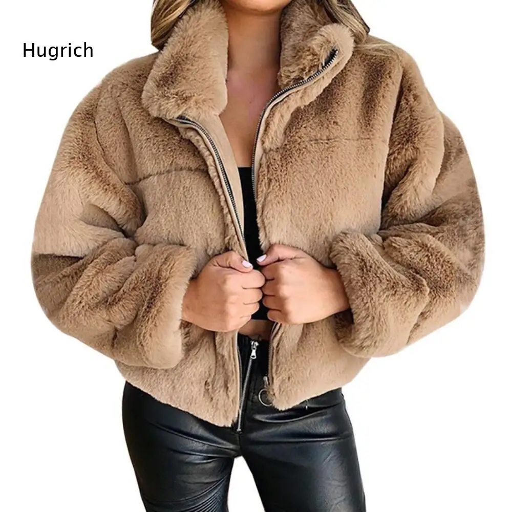 Casual Women Faux Fur Cropped Jacket Stand Collar Full Zip Plush Fleece Loose Long Sleeve Warm Winter Outer Coat