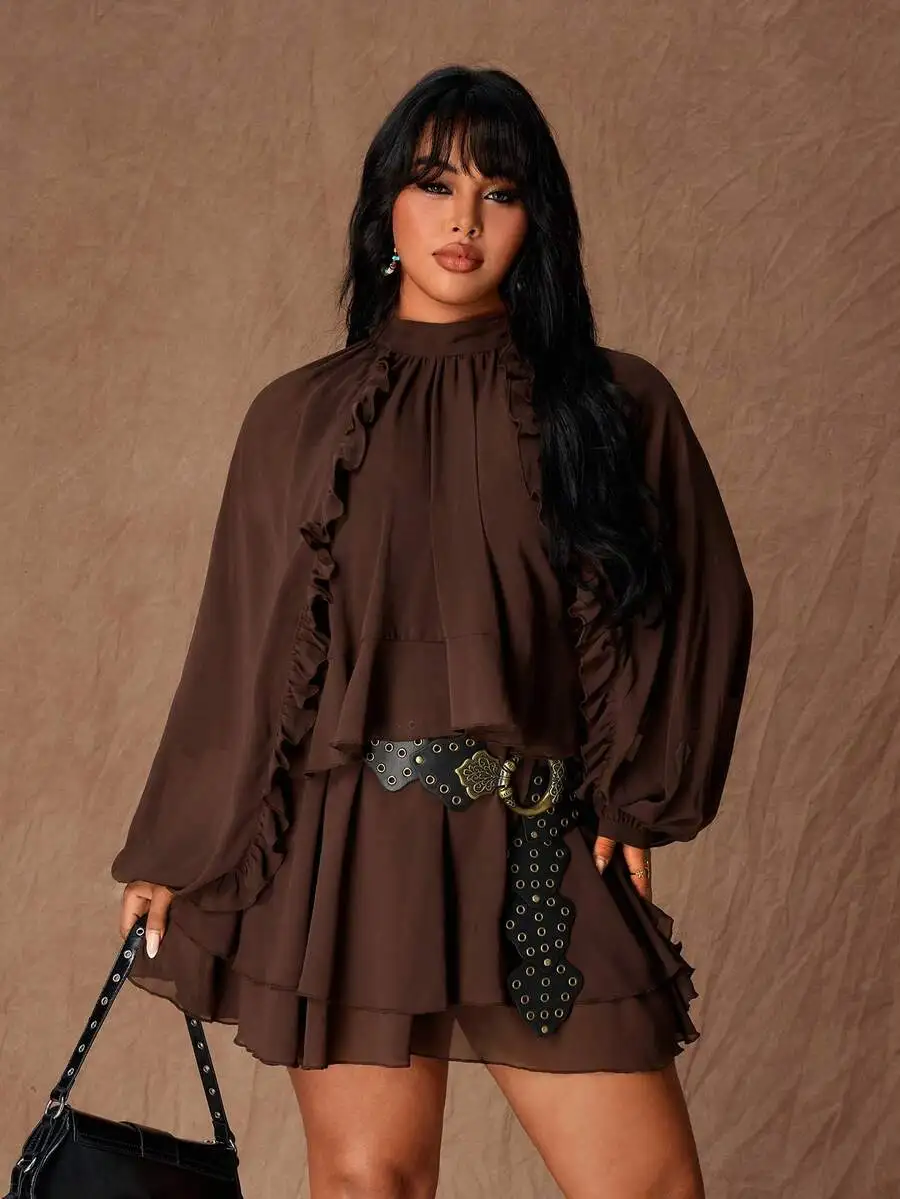 

Brown Plus Size Long Sleeve Ruffle Layered Mini Dress with Belt