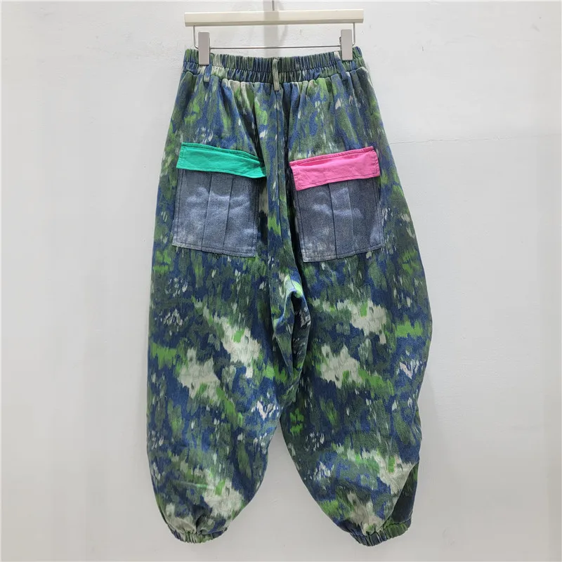 Personality Color Blocking Casual Harem Pants Women New Spring Summer All-match Elastic Waist Loose Straight Cargo Jeans 2026