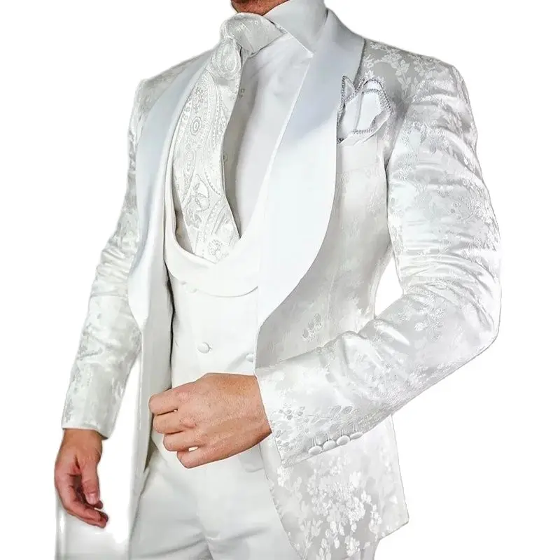 Esmoquin de boda Floral blanco para novio, traje ajustado de 3 piezas con chal de satén y solapa, chaqueta personalizada, chaleco de moda para hombre