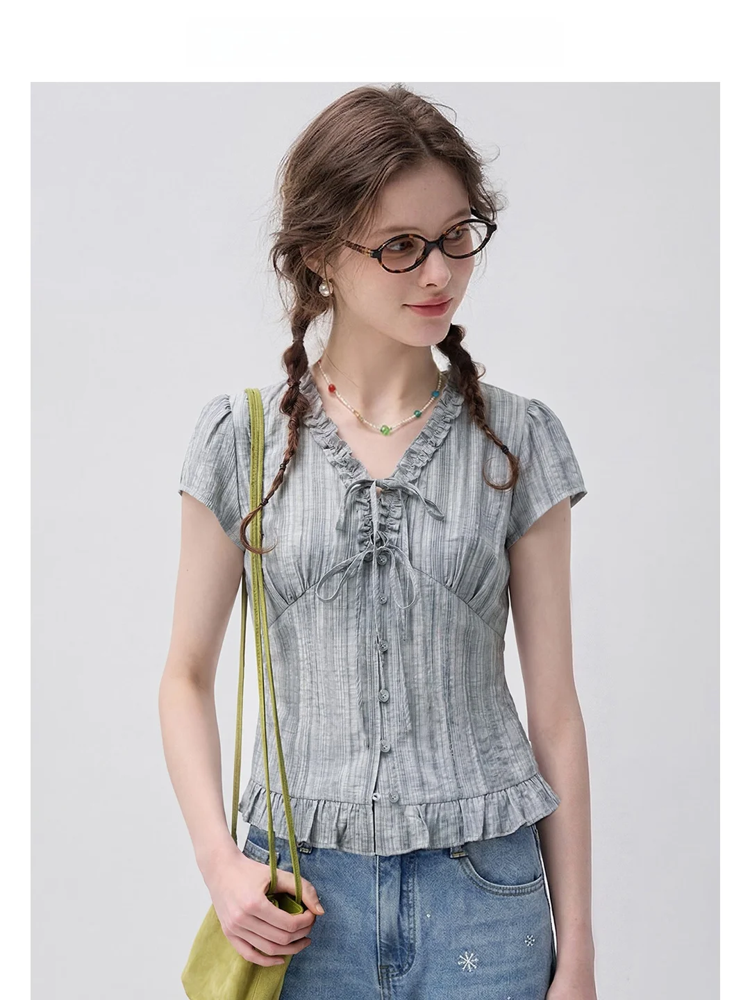 

Vega Chang Women's Short Sleeve Shirt 2026 Summer New Style Korean Version Straight Cut Blue Grey Belted Commute Wind Shirt