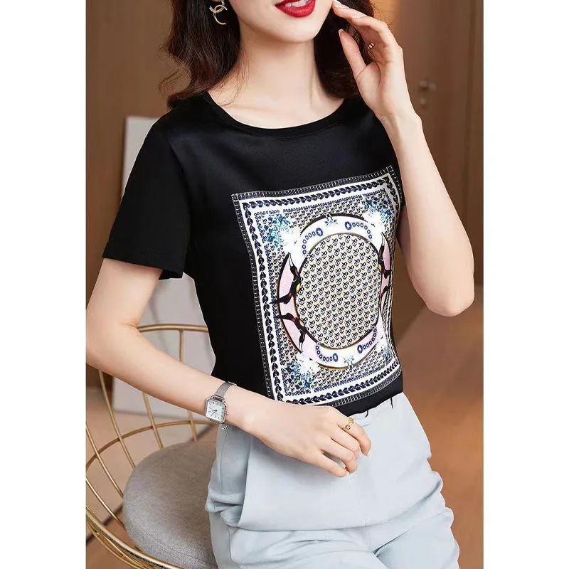 Summer Oversized Women\'s Clothing Fashion Printing Simplicity Round Neck Short Sleeve Commuter Versatile Temperament T-shirt