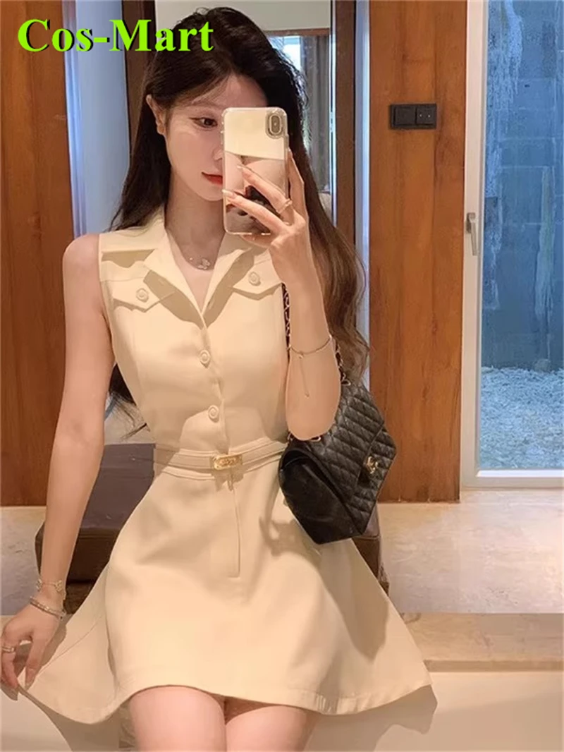 cos-mart-–-robe-chemisier-sans-manches-couleur-unie-haut-de-gamme-style-francais-avec-une-jupe-courte-ajustee-nouvelle-collection-anime-printemps-et-ete