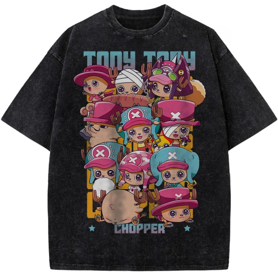 ONE PIECE Tony Tony Chopper Short Sleeve T-Shirt Anime Manga Vintage Washed Graphic Print Cute Chibi Multiple Forms Men Women