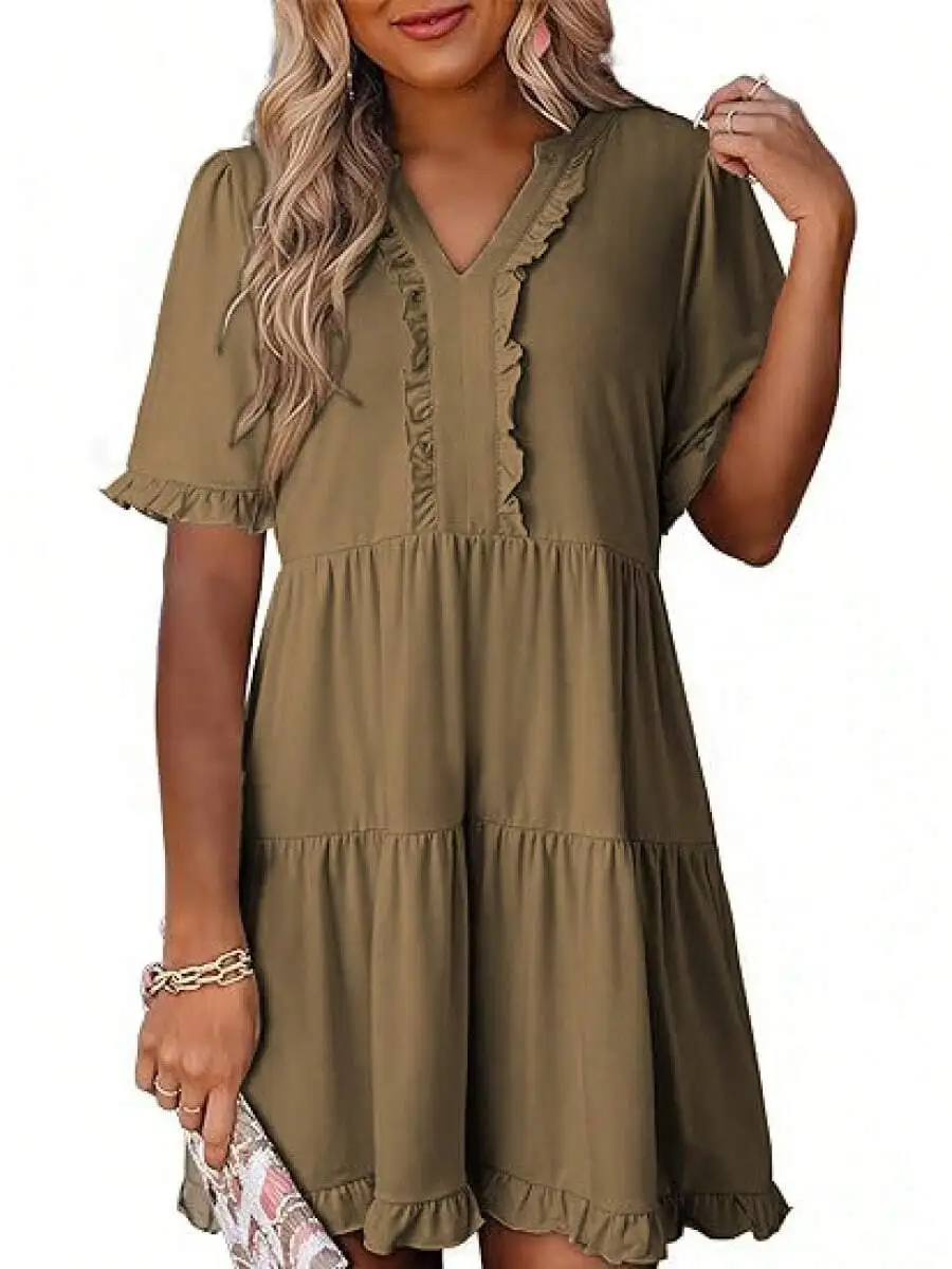 

V Neck Short Sleeve Casual A Line Ruffle Trim Mini Dress For Women