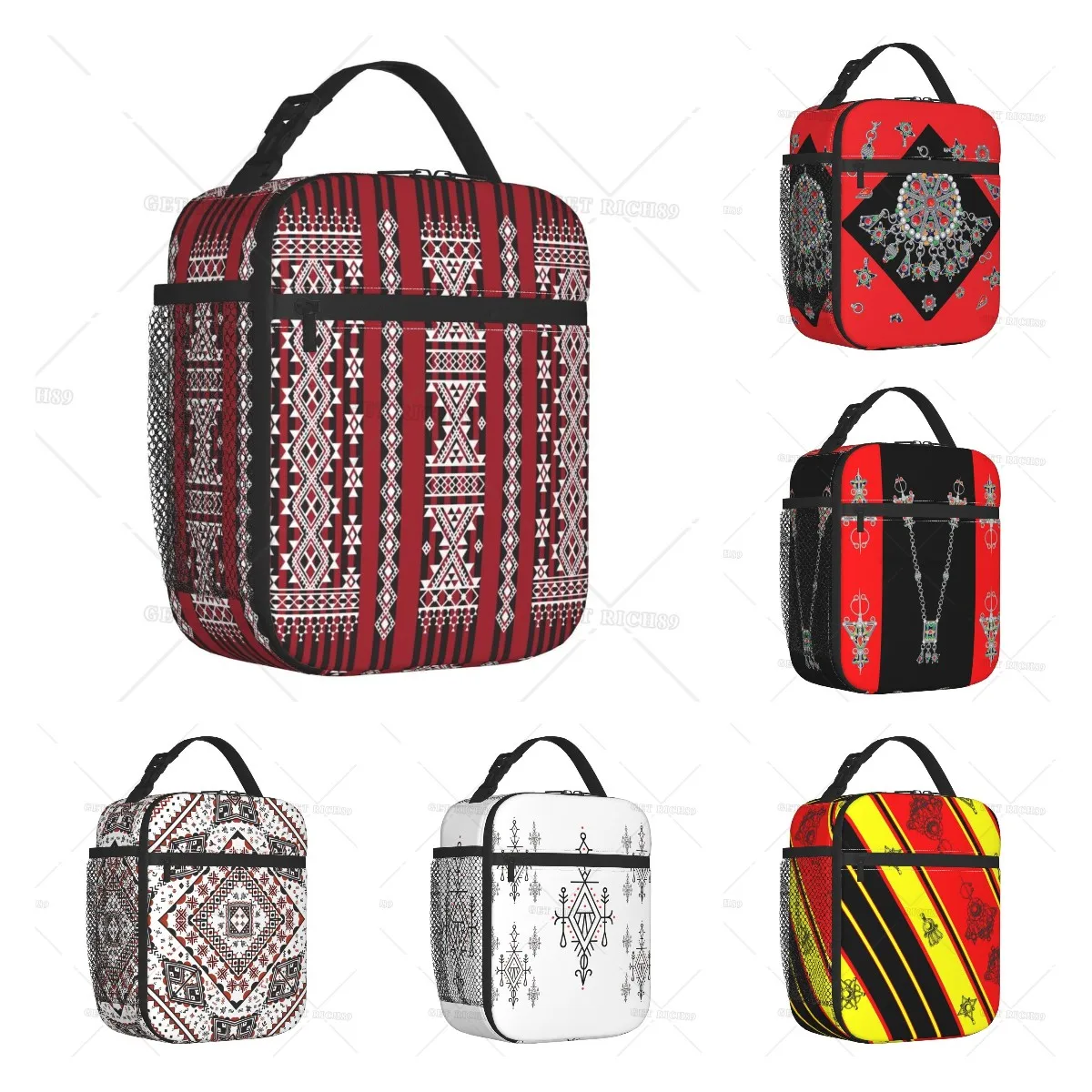 Red Kabyle Carpet Pattern Insulated Lunch Bag for School Office Geometry Geometric Resuable Thermal Cooler Bento Box Women