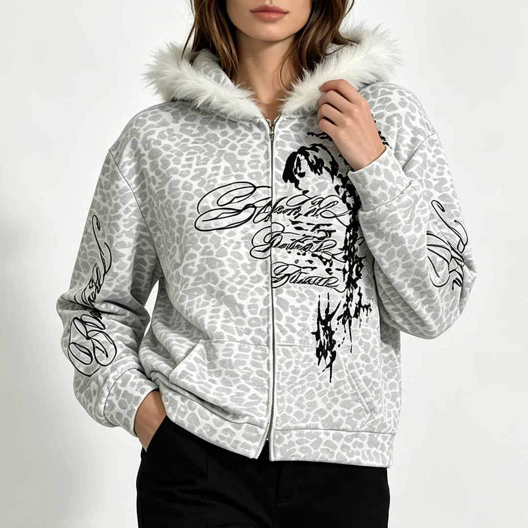 Y2K Hot Girl White Haired Collar Hoodie White Panther Pattern Letter Printed Short Casual Sweatshirt