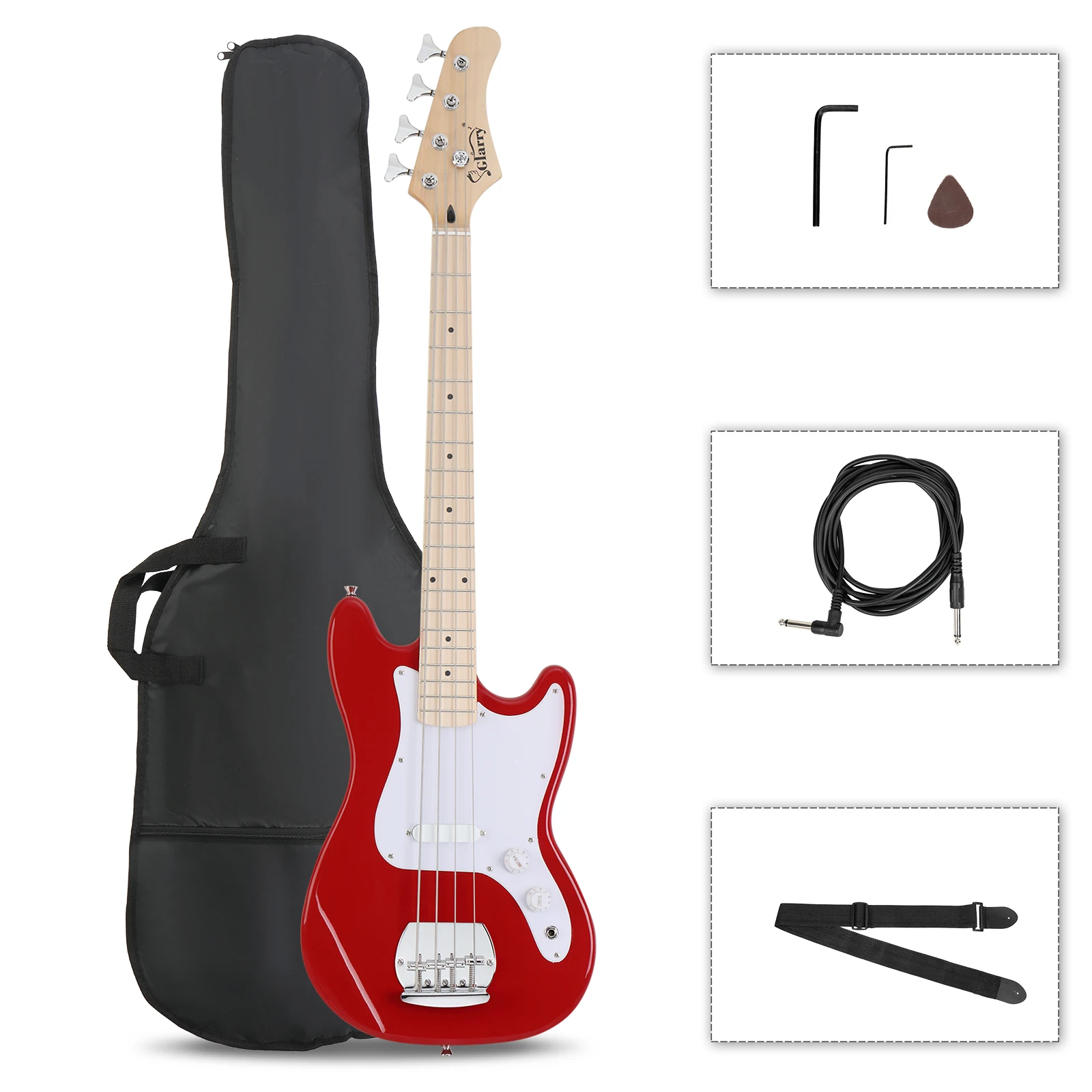 4 String 30in Short Scale Thin Body GB Electric Bass Guitar with Bag Strap Connector Wrench Tool Red