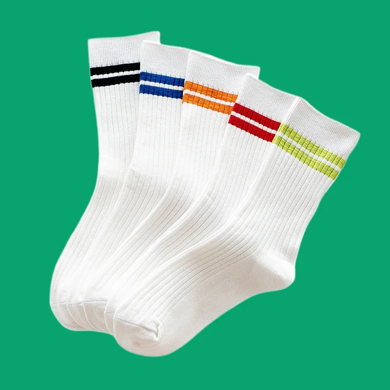 5/10 Pairs 2024 New High Quality Socks Double-needle Striped Mid-tube Socks With Cuffs And Two Bars White Neutral Couple Socks