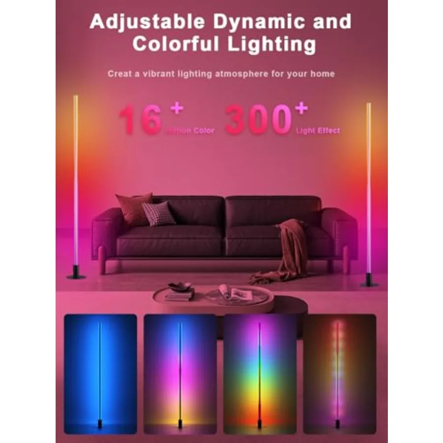 Corner Floor Lamp 2 Pack, LED Corner Lamp with 1300lm Smart Modern Floor Light with Music Sync, 16 Million Colors, Timer and DI