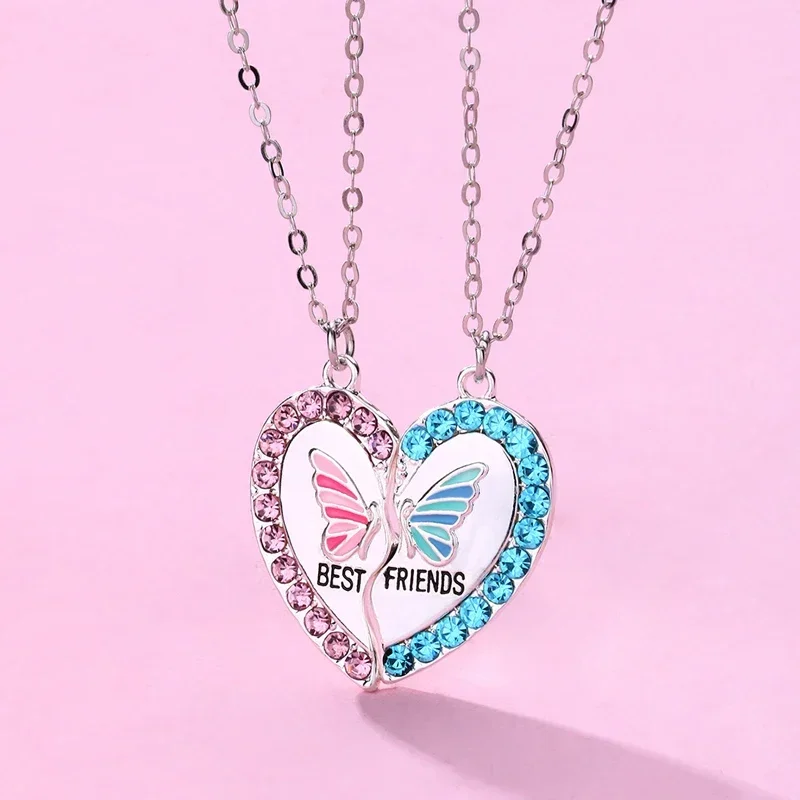 Lovecryst 2Pcs/set Delicate Rhinestone Butterfly Heart Best Friend Necklace BFF Friendship Jewelry Gifts for Kids