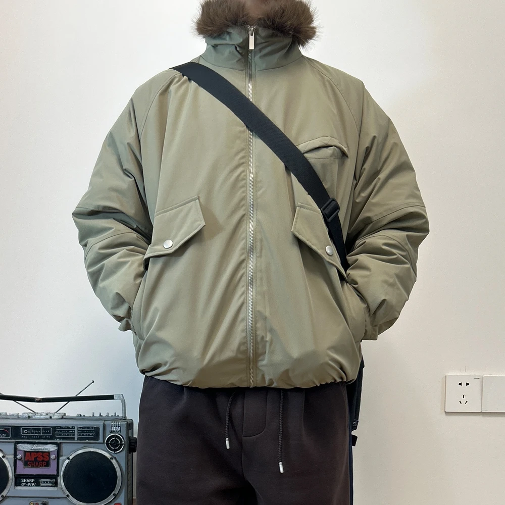 

Men's Parka Sle down Jaet Fake Fur Collar White Du down Stand Collar Warmth Outdoor Workwear ort Sle Zipper