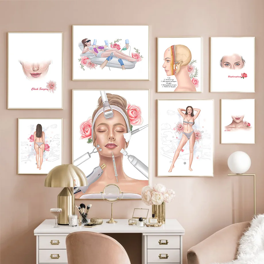 Nordic Wall Art Print for Beauty Salon, esteticista, mulher Faciais cartaz, pintura da lona, Girl Room Decor, imagens, médico, Spa