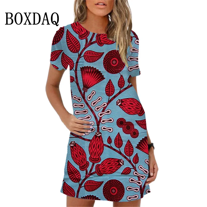 Floral Printing Women Dress New 2024 Summer Dress Elegant Short Sleeve O-Neck Loose Mini Dress Woman Clothing