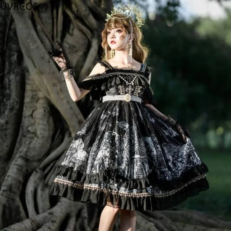 Vestido japonés victoriano Lolita Jsk para mujer, vestido gótico Retro con tirantes, estampado de princesa funeraria oscura, vestido de fiesta de té para niña dulce