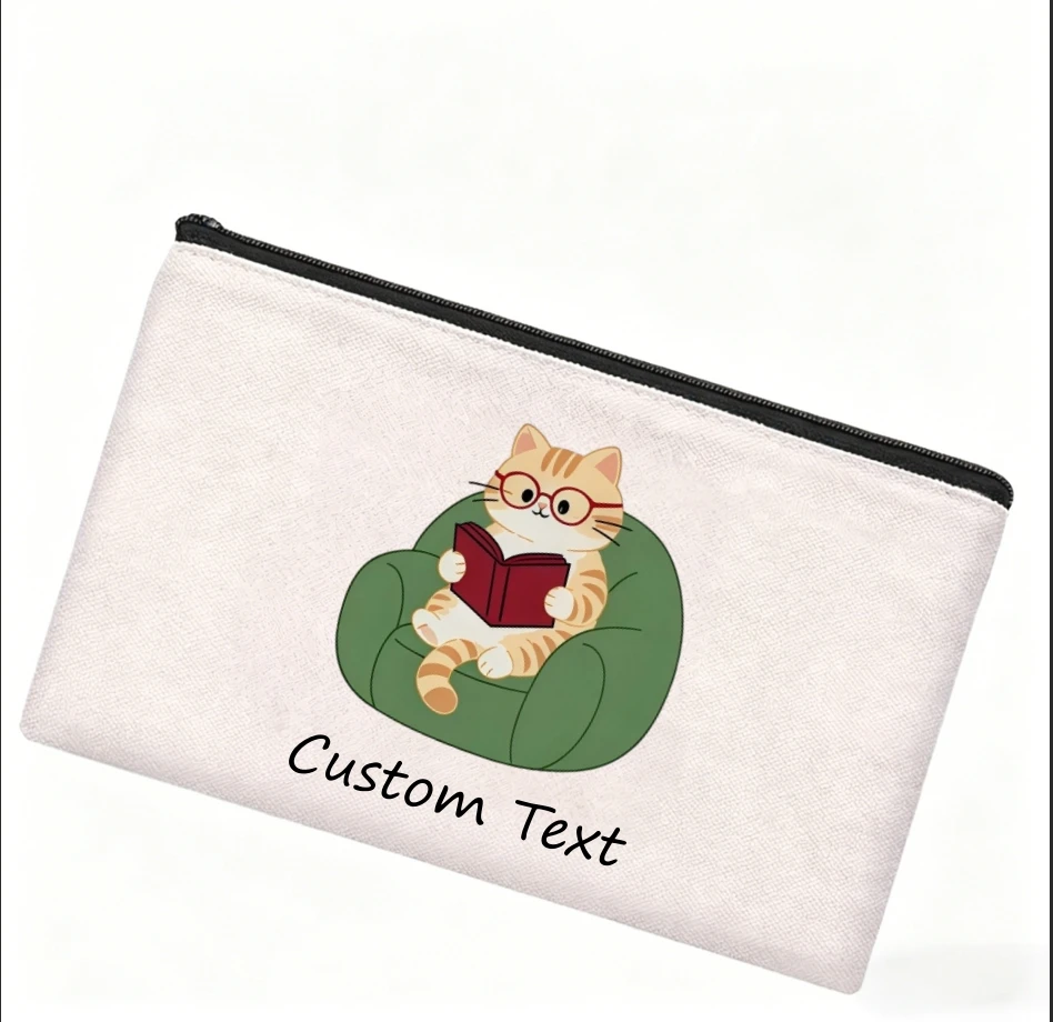 1PC Custom Text Cute Reading Orange Cat On Sofa Cosmetic Bag Personalized Canvas Zipper Makeup Storage Pouch