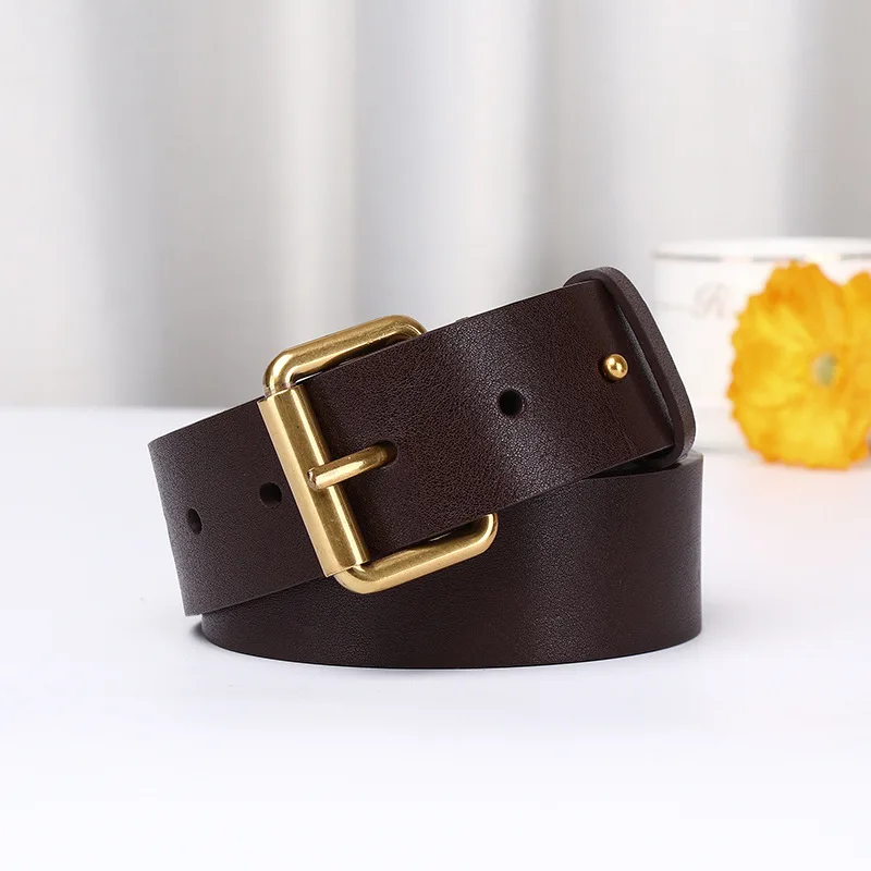 3.4CM Female Simple Personalized Trendy Genuine Leather Belt, Women's Top Layer Cowhide Korean Version Needle Buckle Pants Belts