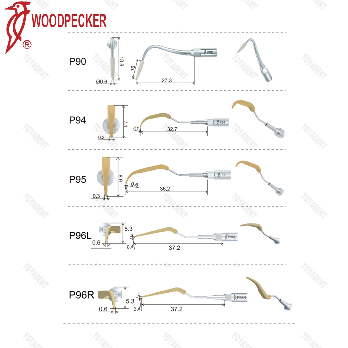 Original Woodpecker Dental Scaler Tips lmplant Maintenance Tips P90 P94 P95 P96L P96R Fit EMS Scaler Handpiece