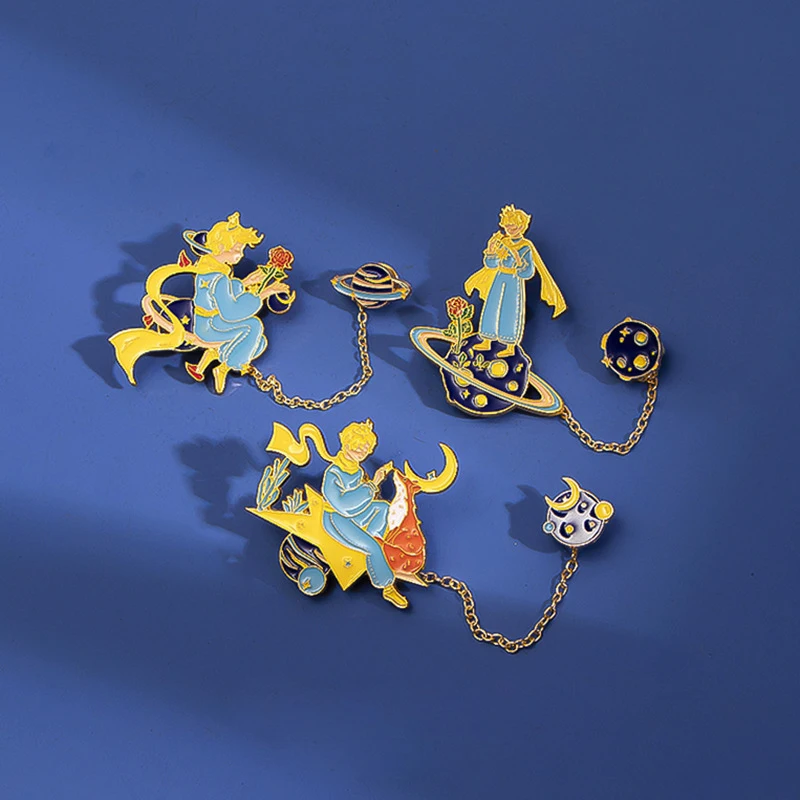 Little Prince Chain Brooches Pin B612 Planet Rose Metal Badge Pin Jewelry Accessories Gift for Fans