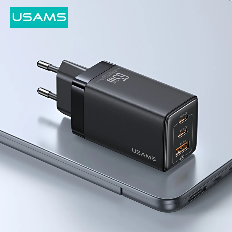 USAMS 65W GaN Charger Type C PD Fast Charger USB C Quick Charge 4.0 3.0 Phone Charger For MacBook iPad Pro iPhone Xiaomi Laptop