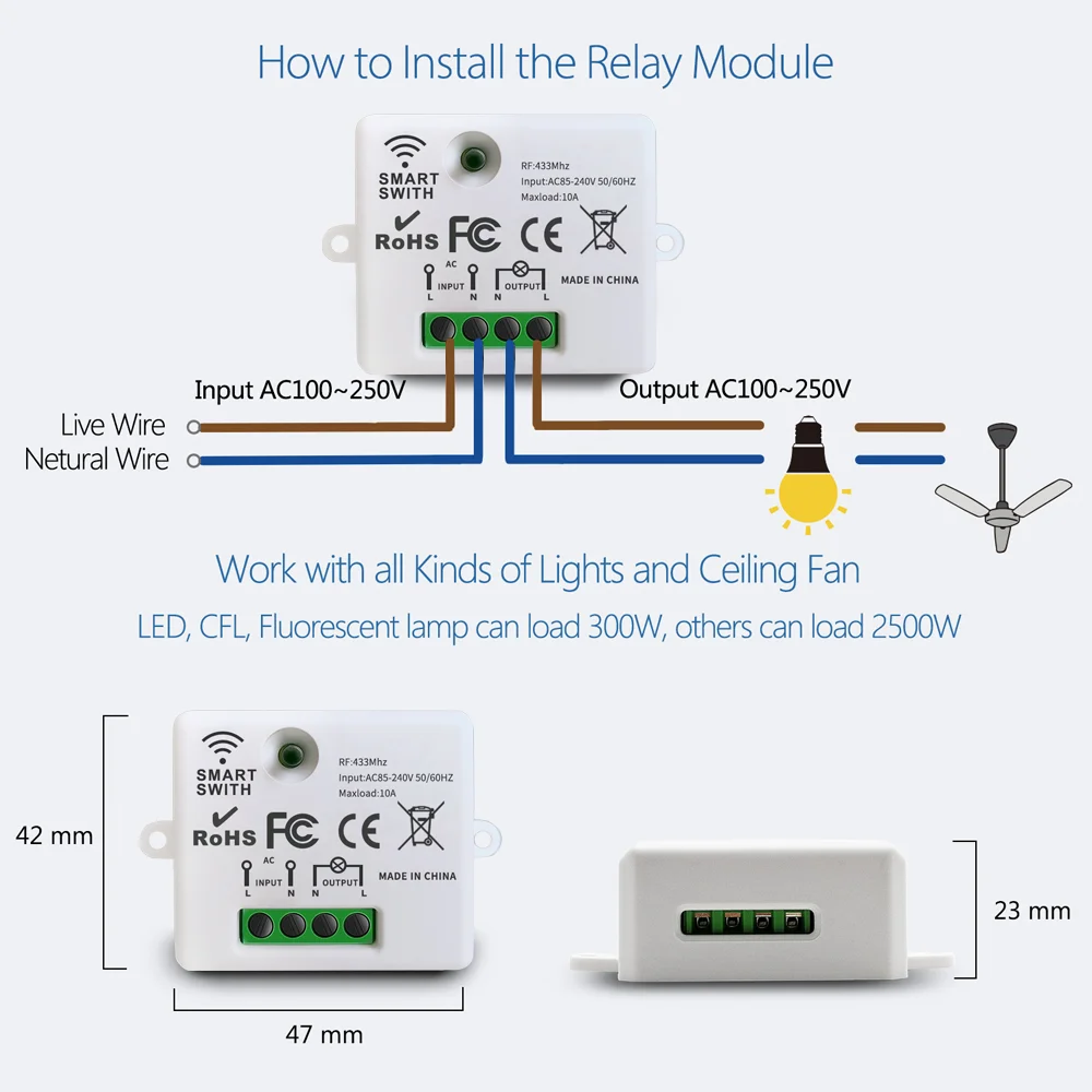 Interruptor de Control remoto inalámbrico RF, receptor de relé de 1 canal con transmisor de encendido/apagado para bombilla Led, 433MHz, 110V, 220V