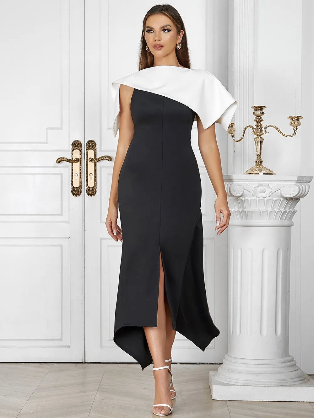 Robe de soirée sirène noire élégante, col bateau, longueur de rinçage asymétrique, robe de soirée de luxe classique, manches cape