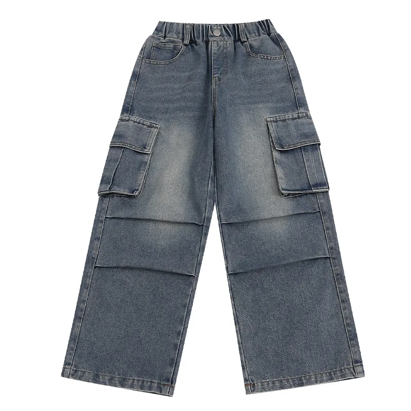 Girls' pleated jeans for spring and autumn 2024 new fashion pants, featuring a princess pocket and workwear style, autumn casual