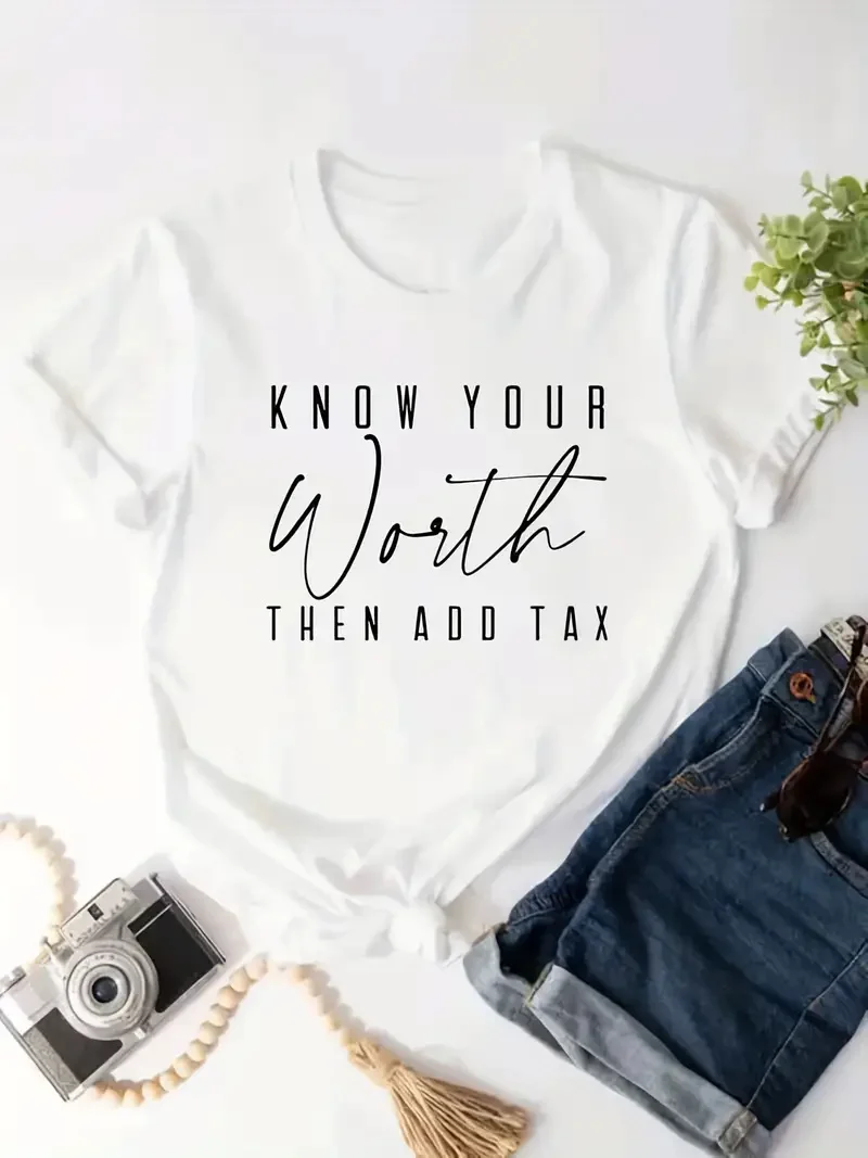 Worth Letter Print T-Shirt, Short Sleeve Crew Neck Casual Top For Spring & Summer, Women's Clothing