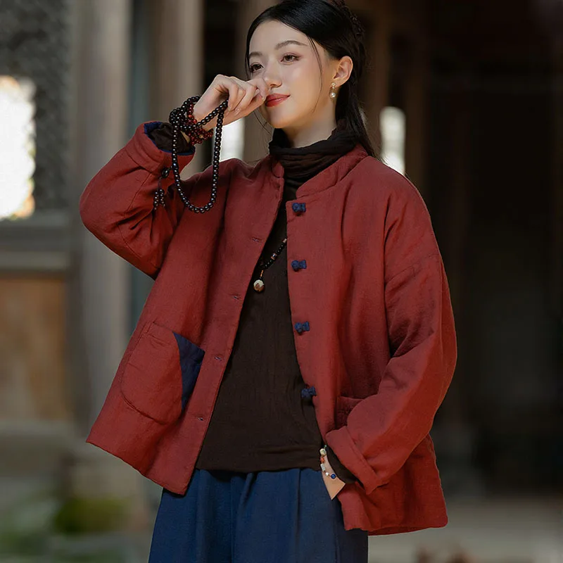 

Тонкое стеганое пальто из китайского хлопка и льна, женское художественное лоскутное пальто в стиле ретро с пряжкой, свободная корейская версия, короткая куртка, осень-зима