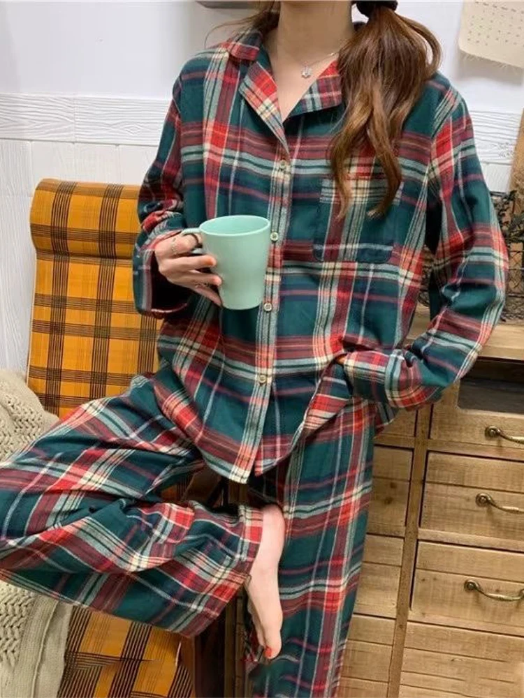 

2023 Spring Autumn Sleepwear for Female Cotton Pajamas Ladies Long-sleeved Trousers Plaid Couple Home Service Women's PIjama Set