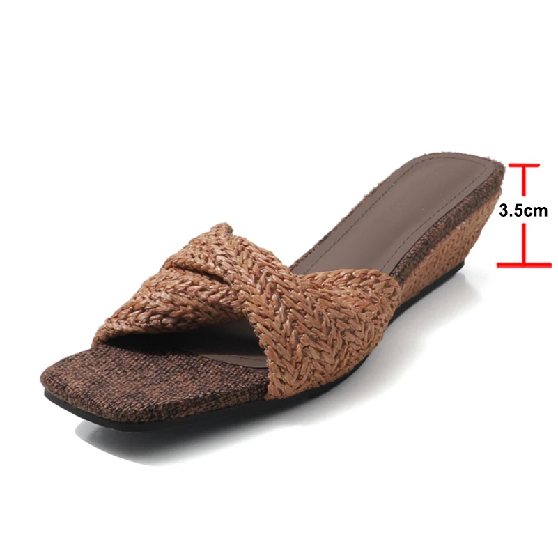 Meotina Women Slides Square Toe Wedges Mid Heels Sandals Wave Point Slippers Ladies Fashion Casual Shoes Summer Beige Brown 40