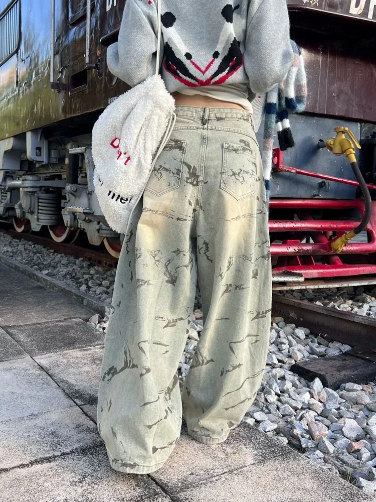 Y2K 커브드 나이프 진 여성용 아메리칸 레트로 그래피티 디스트레스드 워시드 와이드 레그 루즈 플로어 팬츠
