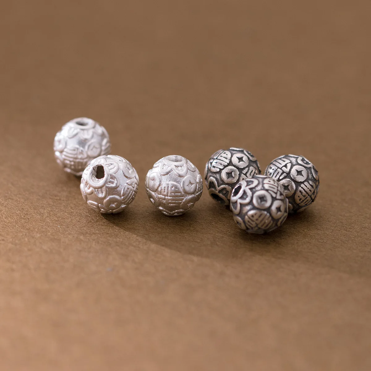 1pc/lot 999 Pure Silver Chinese Good Luck Pattern Loose Beads 8.5mm Handmade Lucky Silver Beads Spacer DIY Fine Jewelry Making