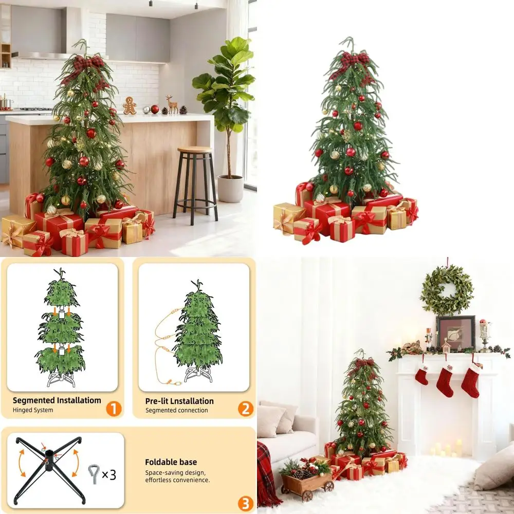 

4ft Slim Real Touch Norfolk Christmas Tree with 75 Warm White LED Lights, Perfect for Baby's First Holiday, 167 PE Tips, Metal S