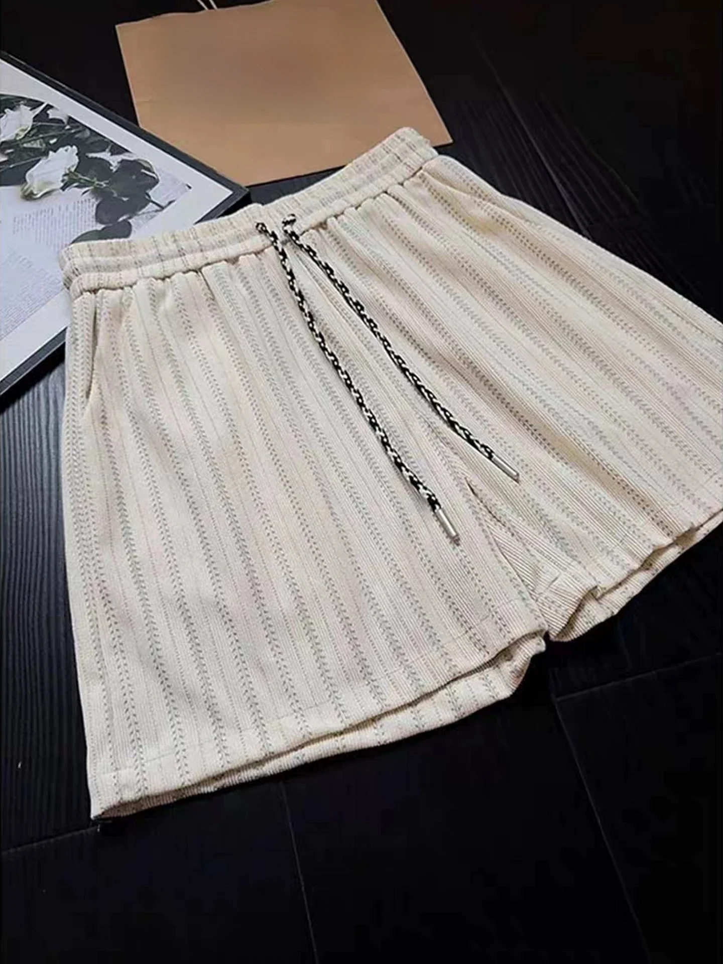 Khaki Wheat Pattern Knitted Shorts Men's Summer Lightweight Breathable Cool Feeling Five-Quarter Basketball Sporty Casual Shorts