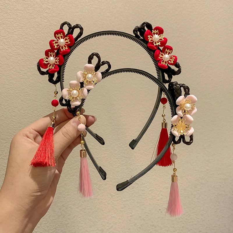 Hair Clips Hair Hoop Girl Braided Wig Tassel Flower Hair Hoop For Girls, New Year Hair Accessories, Hanfu Styling Headwear