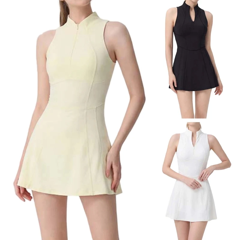 Front Opening Sport Dress Sleeveless Tennis Dress with Stretch Fabric and Inner Shorts for Running Practice Wear 24BD