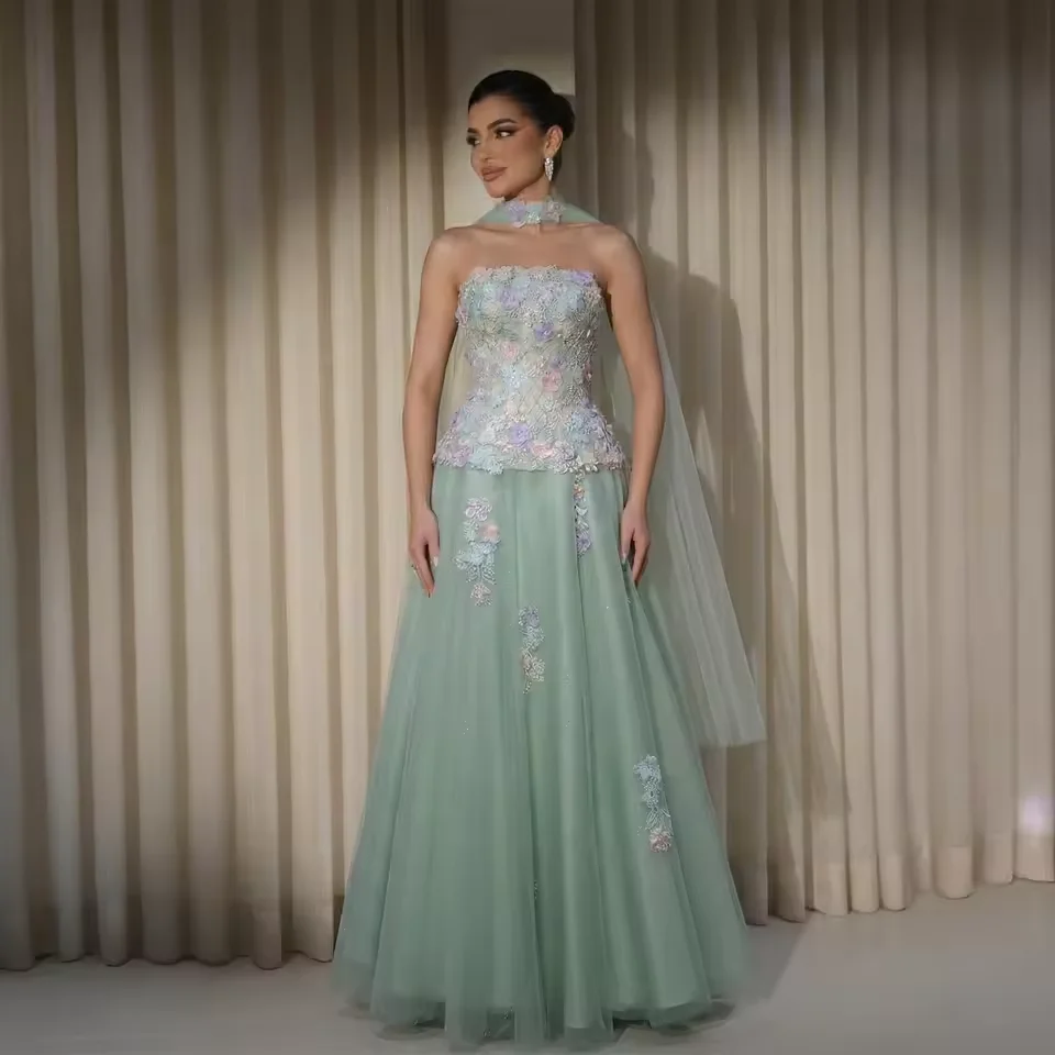 Exquisite Strapless Formal Party Gown 3D Floral Applique Crystal Backless A-Line Evening Dress Robe De Soirée Customized