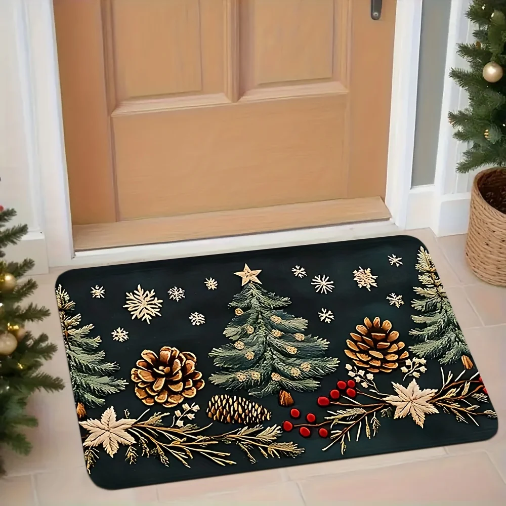 1pc Christmas Doormat - Elegant Black & Golden Winter Snowflake, Pine Tree, Holly Berry Design - Soft Flannel Mat for Entryway