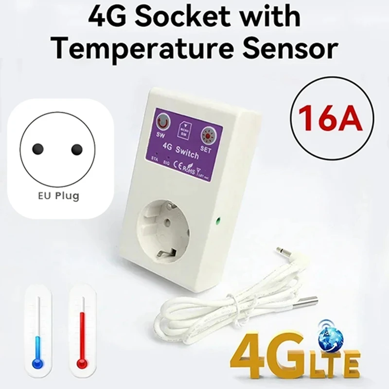 4G Smart Plug GSM SMS Remote Control Temperature Sensor Switch OFF ON Outlet 16A Home Appliance Relay Controller EU