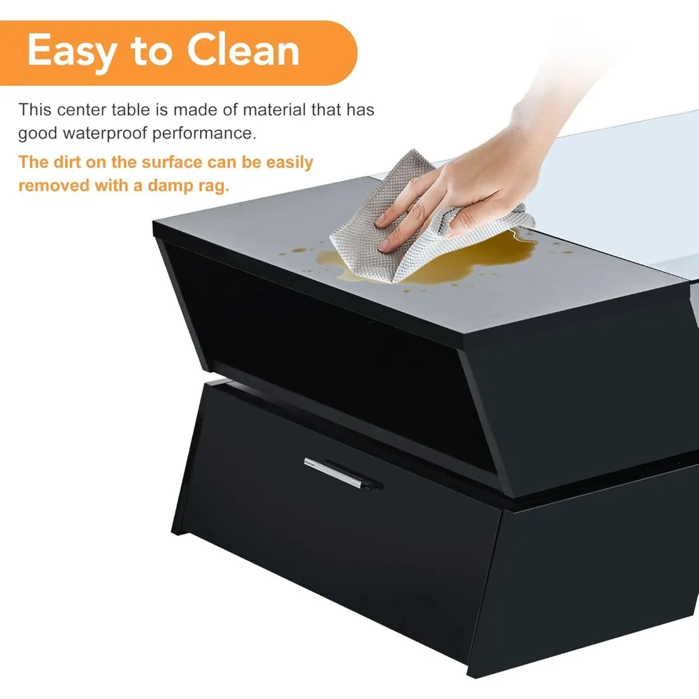 Table basse géométrique à plateau en verre de 6 mm avec étagères et armoires ouvertes, table de cocktail élégante