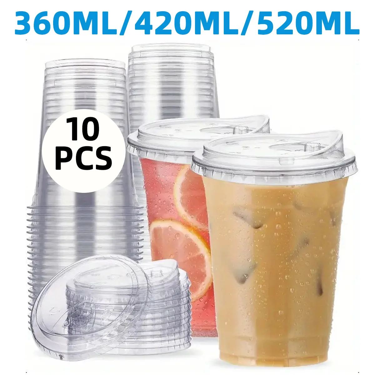 

10PCS Disposable Transparent Plastic Cup With Lid 360/420/520ml Used For Iced Coffee Juice Party Smoothie Milk Shake Cold Drink