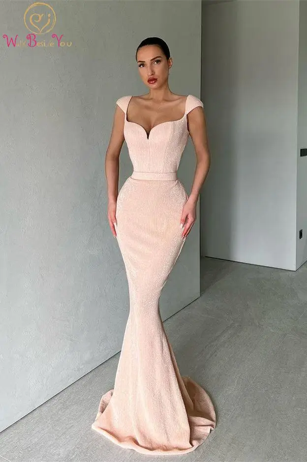 

Pink Evening Dress 2022 Bling Long Mermaid Sweetheart Cap Sleeves Sweep Train Prom Gown Formal Party Custom made