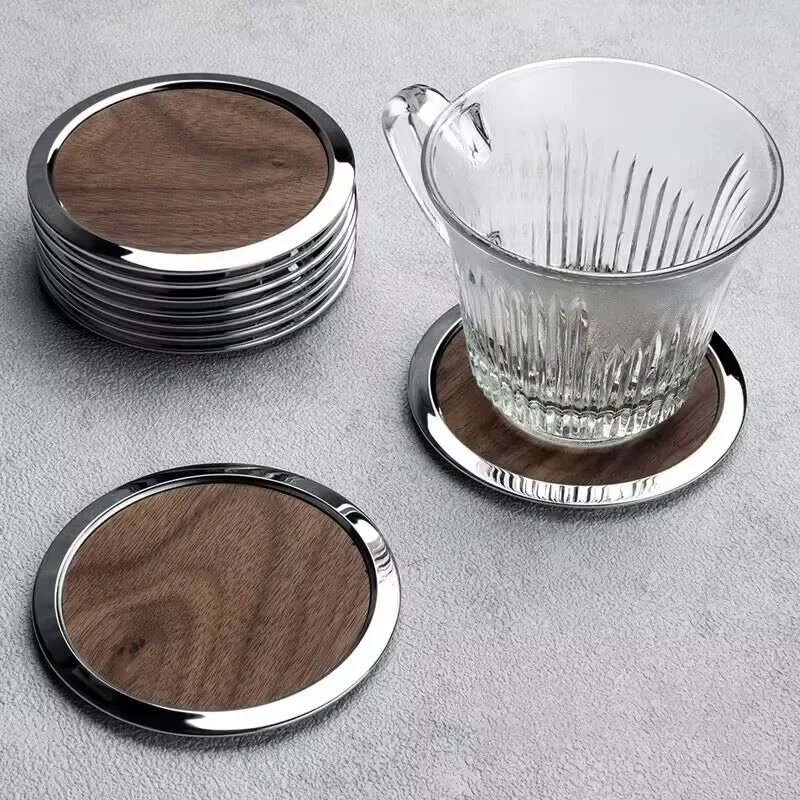 New Wooden Round Coaster Stainless Steel Frame Polished Heat Insulation Cup Mat Tea Coffee Mug Drinks Holder Office Table P