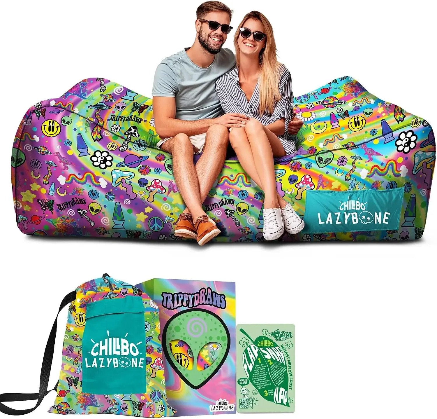 Inflatable Couch - Unique Designs - No-Pump Setup, Ripstop Polyester, Stability Pegs, Fun Prints - Portable Air Inflatable