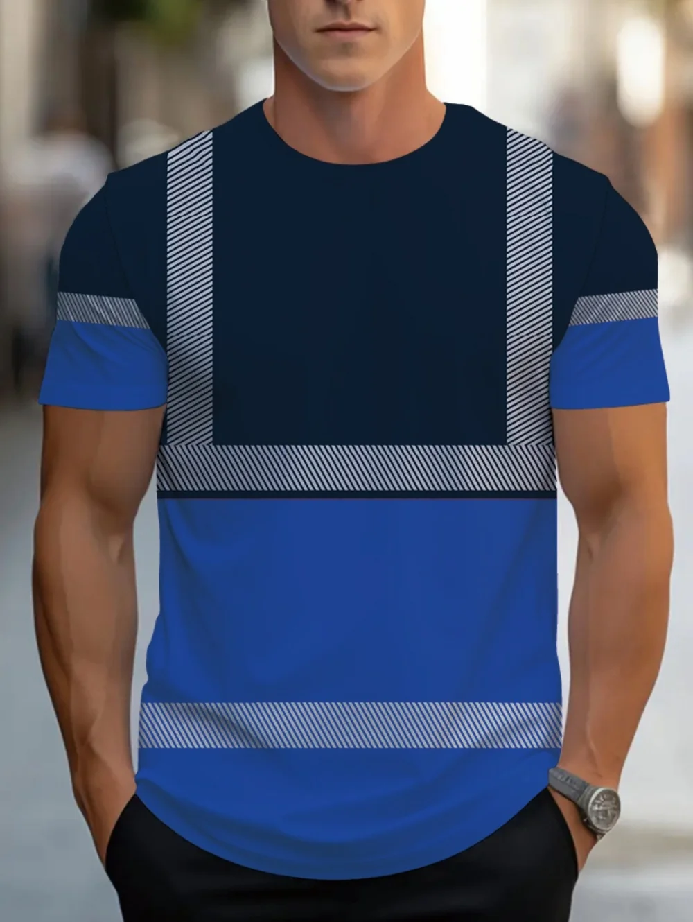 2026 Summer Men's 3D Print Stripe T-Shirts Casual Crew Neck Short Sleeve Top Tees Trendy Outdoor Safety Work Menswear Clothing